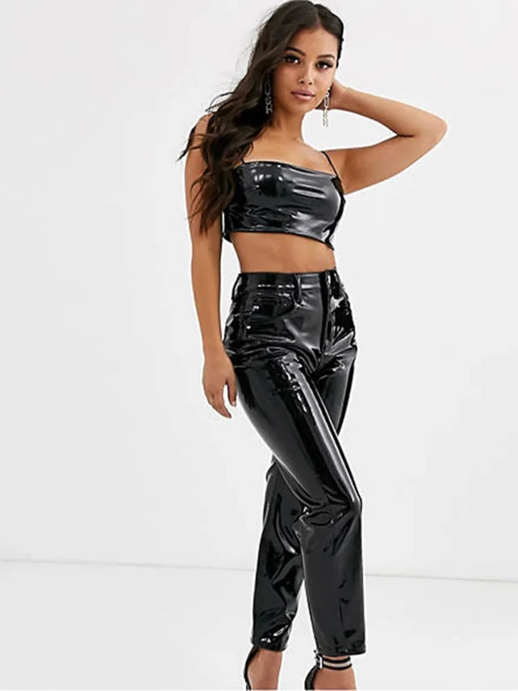 Pantalon Taille Haute en Similicuir Brillant avec Poches