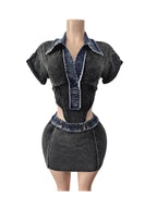 Ensemble 2 pièces body à manches courtes et col rabattu + jupes mi-longues moulantes pour femmes