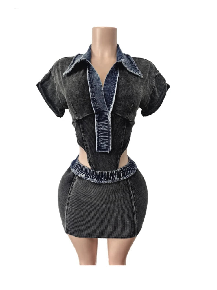 Ensemble 2 pièces body à manches courtes et col rabattu + jupes mi-longues moulantes pour femmes