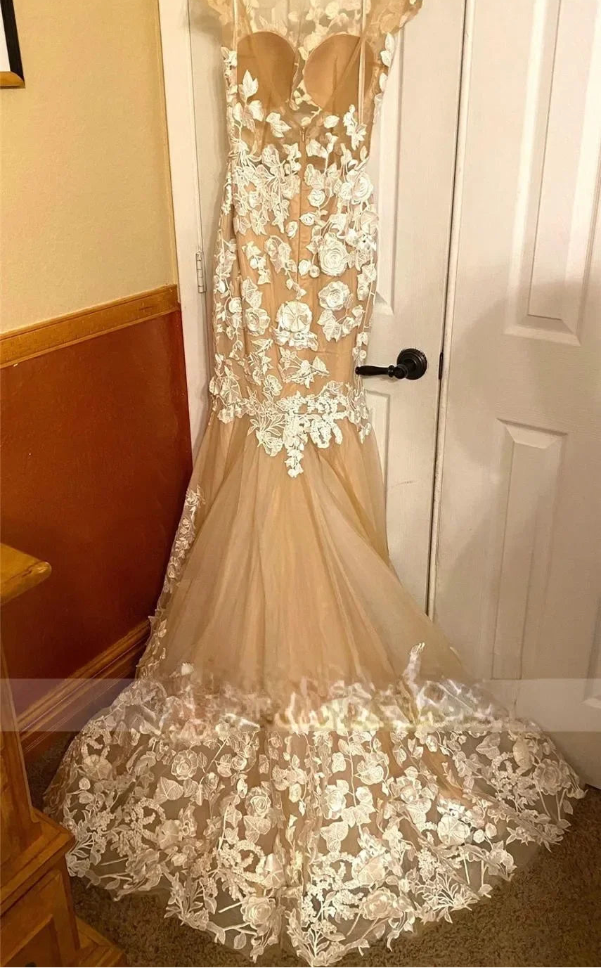 Robe de mariée sirène champagne à col rond pour femmes