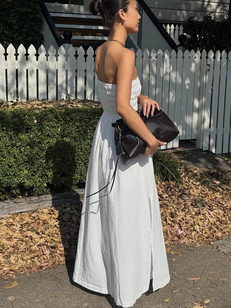 Robe longue d'été blanche dos nu sans bretelles pour femmes