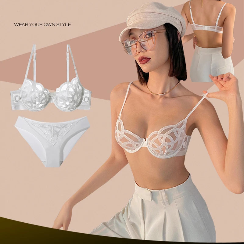 Ensemble soutien-gorge en dentelle ultra fine et respirante, string et culotte pour femmes