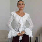 T-shirt à manches longues en dentelle à volants pour femmes