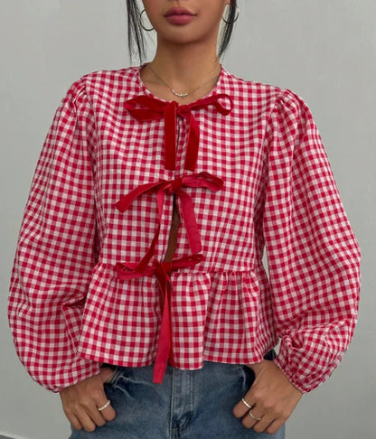 Chemise Courte à Carreaux Femme – Manches Bouffantes