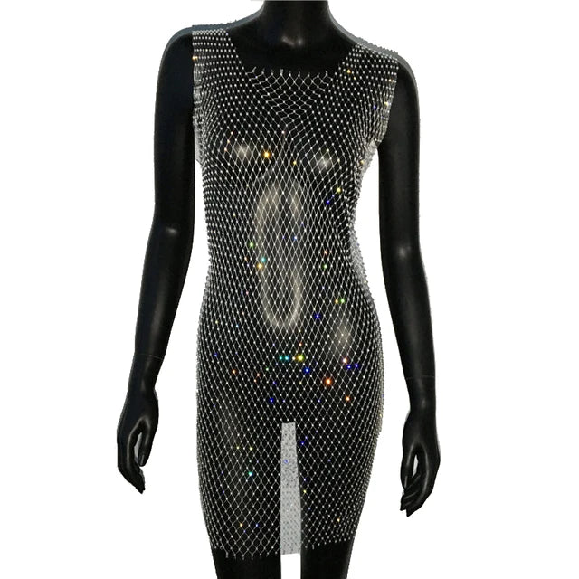 Robe de soirée en résille scintillante, strass, paillettes pour femmes