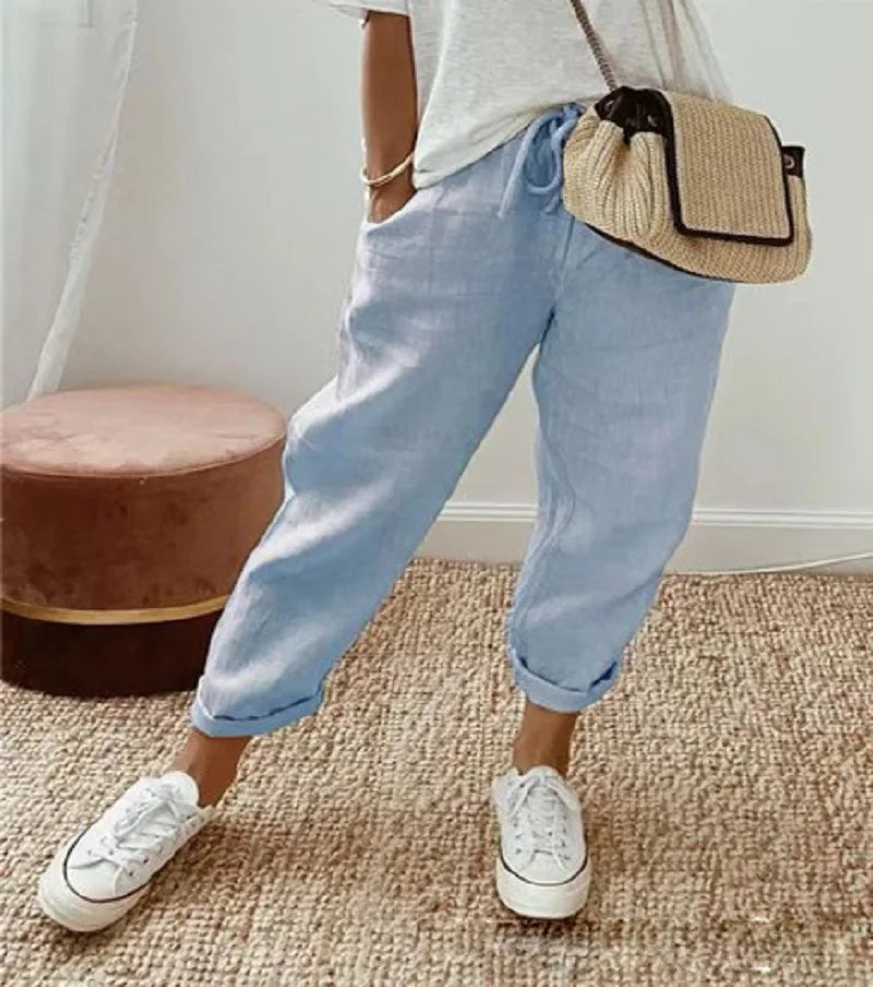 Pantalon court en coton et lin pour femmes