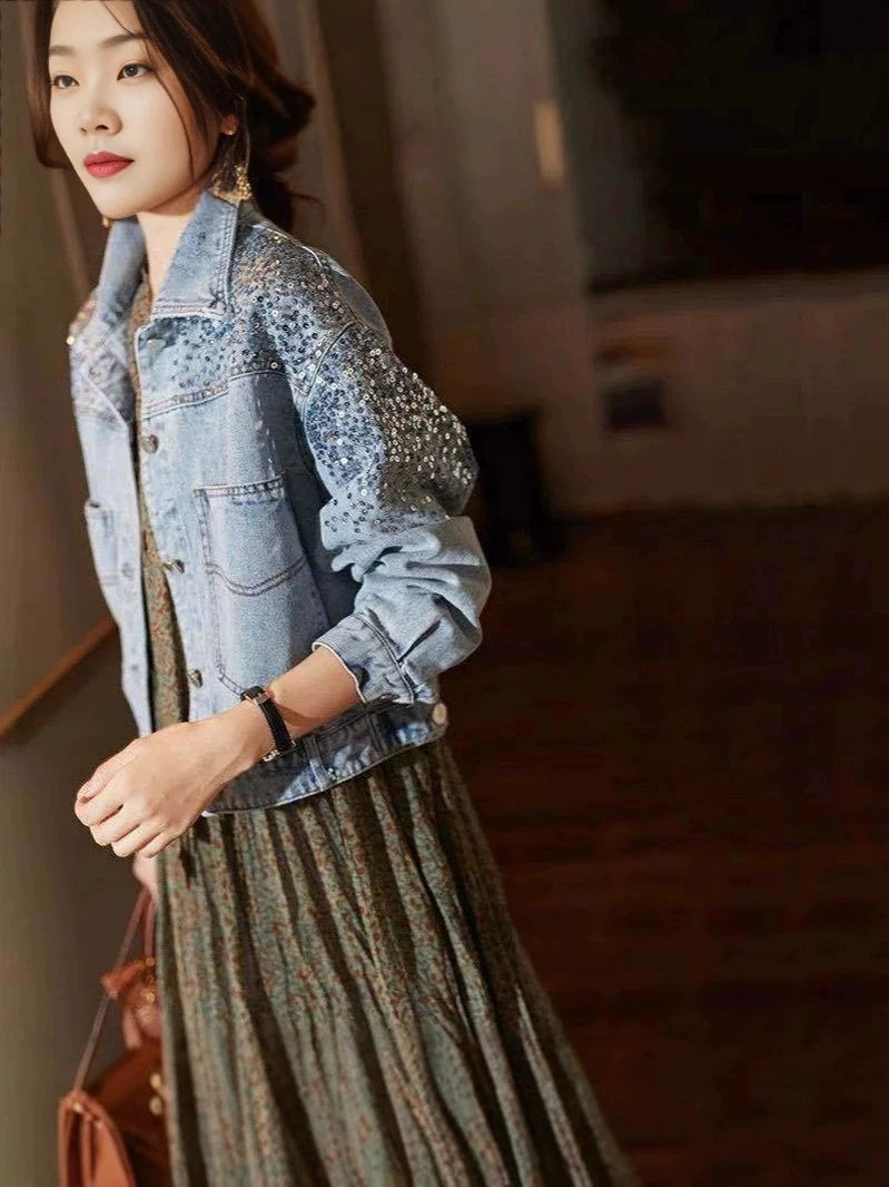 Veste en jean à paillettes pour femmes