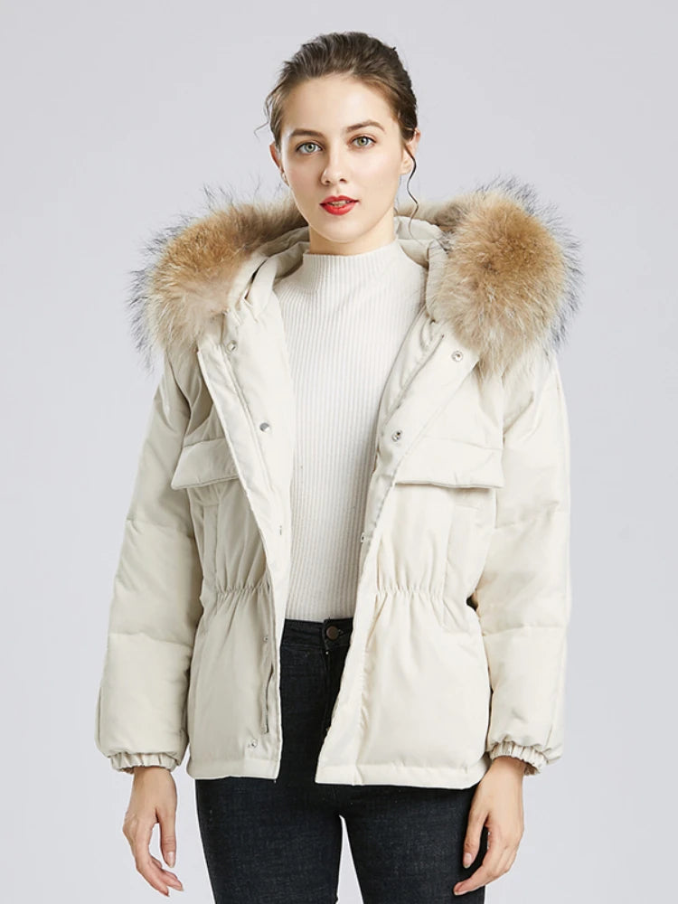 Manteau courte à capuche en fourrure de raton laveur véritable pour femmes