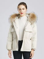 Manteau courte à capuche en fourrure de raton laveur véritable pour femmes