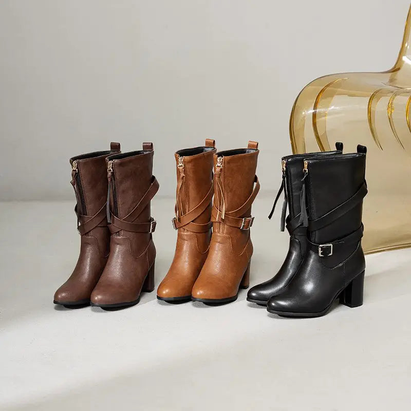 Bottes bout rond bloc talons 7.5 cm pour femmes