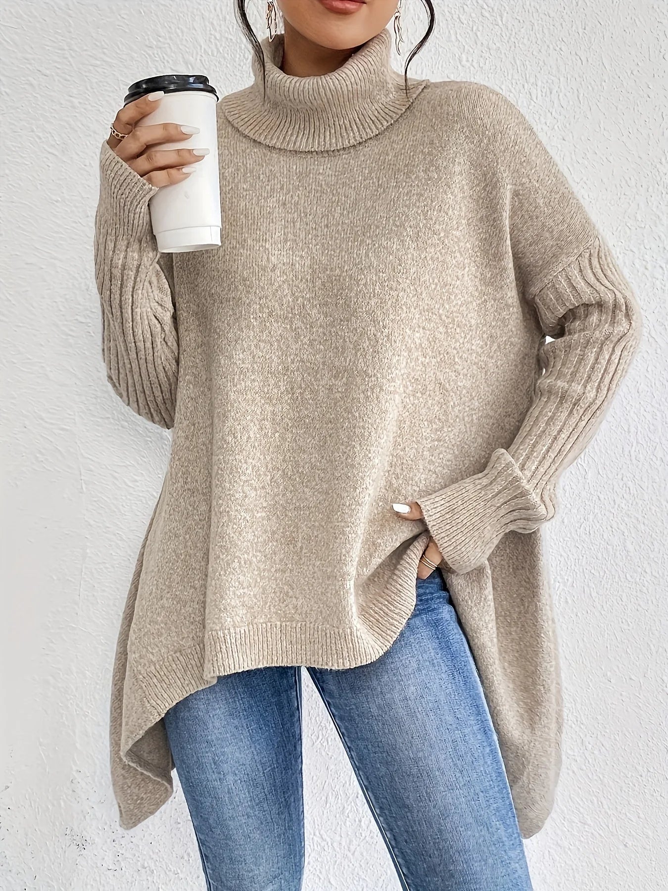 Pull en maille ample à col roulé bleu marine pour femmes