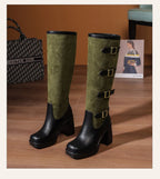 Bottes mi-mollet en PU givré avec boucle de ceinture à cinq rangées et talon ultra-haut pour femmes