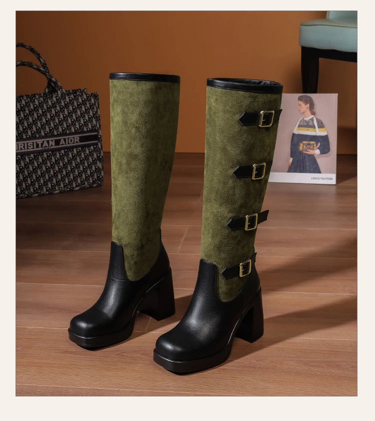 Bottes mi-mollet en PU givré avec boucle de ceinture à cinq rangées et talon ultra-haut pour femmes
