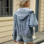 Veste en jean délavée à capuche vintage pour femmes