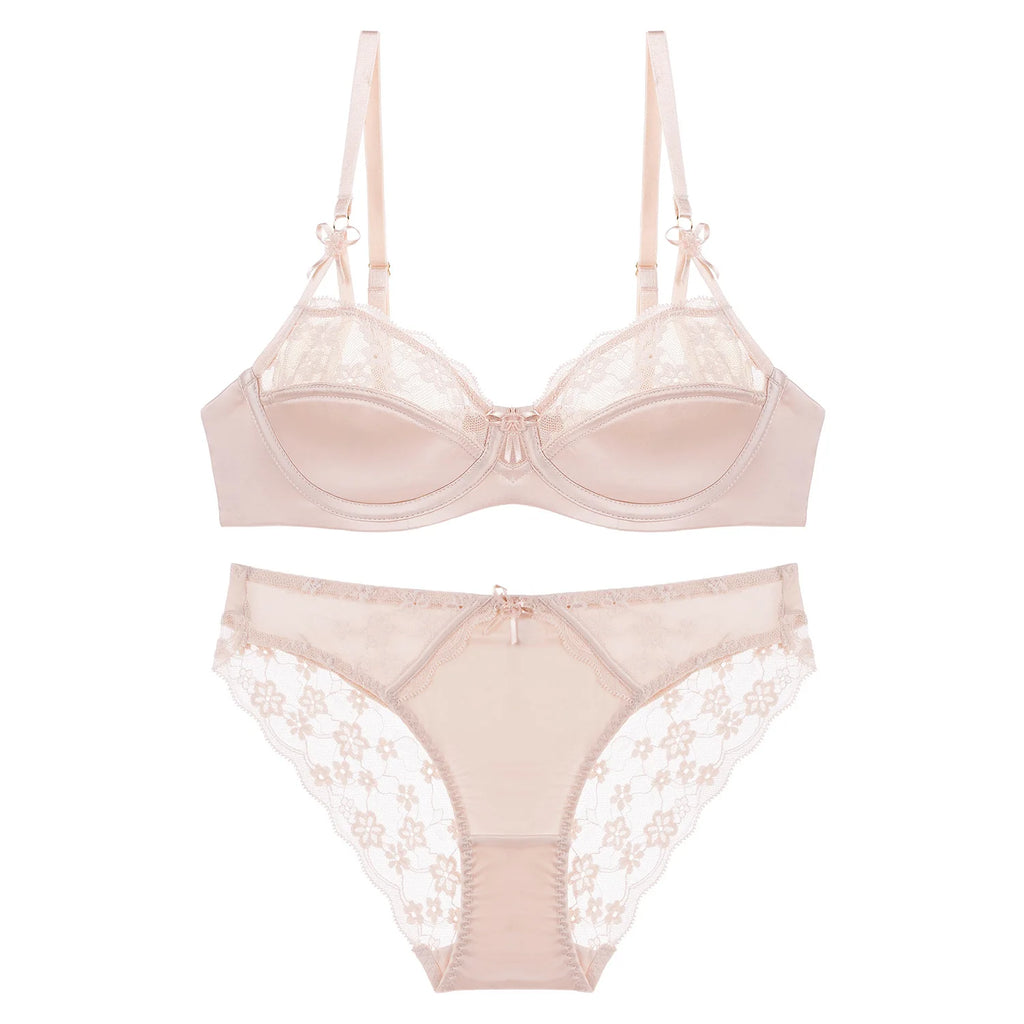 Ensemble soutien-gorge push-up en dentelle brodée de fleurs et culotte pour femmes