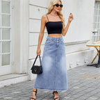 Jupe longue en jean vintage à poches amples et ourlet brut pour femmes