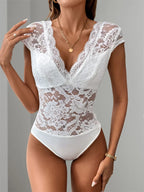 Body sexy en dentelle blanche à col en V profond pour femmes
