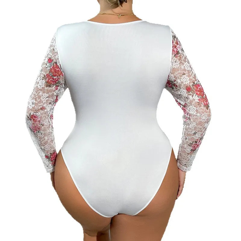 Body en dentelle grande taille transparent à manches longues sexy pour femmes