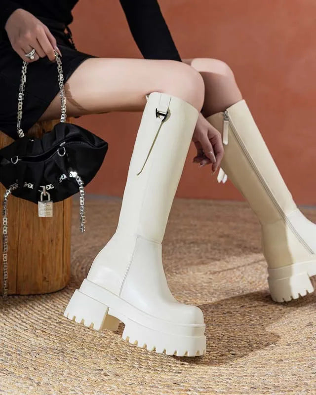 Bottes hautes en cuir véritable à plate-forme pour femmes
