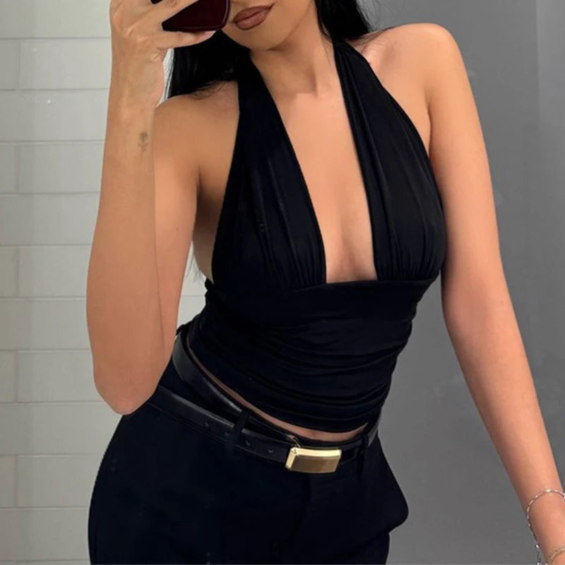 Débardeur Court Dos Nu Femme – Col Licou et Laçage