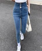 Jean slim taille haute à trois lèvent pour femmes