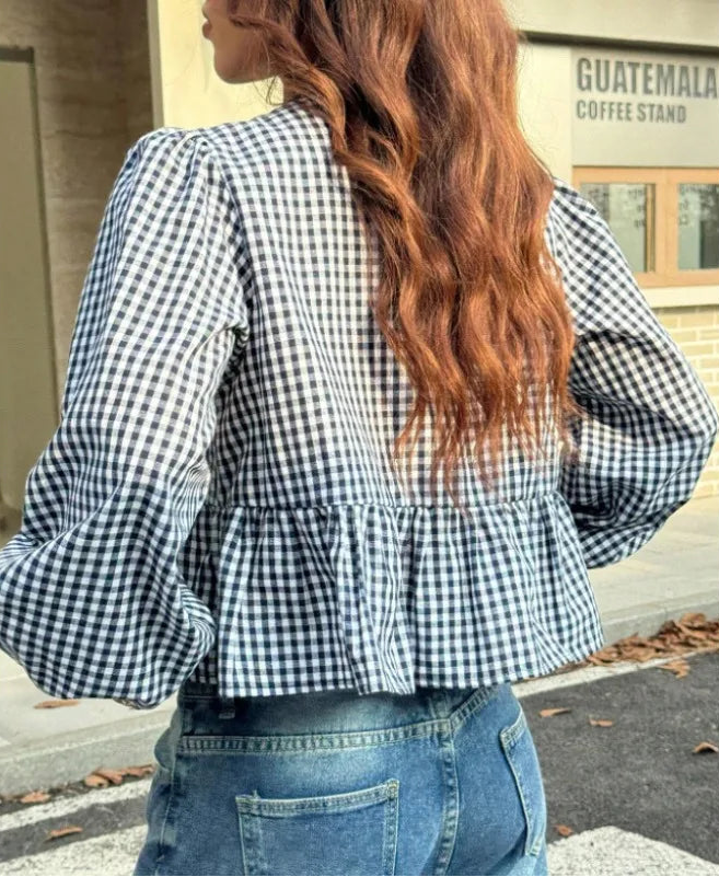 Chemise Courte à Carreaux Femme – Manches Bouffantes
