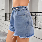 Short en jean décontracté délavé à ourlet frangé pour femmes
