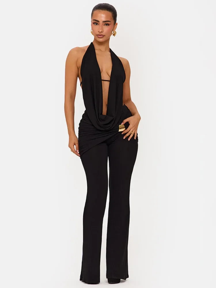 Ensemble pantalon long et haut court dos nu à col V pour femmes