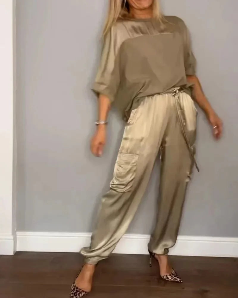 Ensemble deux pièces chemise à manches mi-longues et pantalon décontracté en satin lisse pour femmes