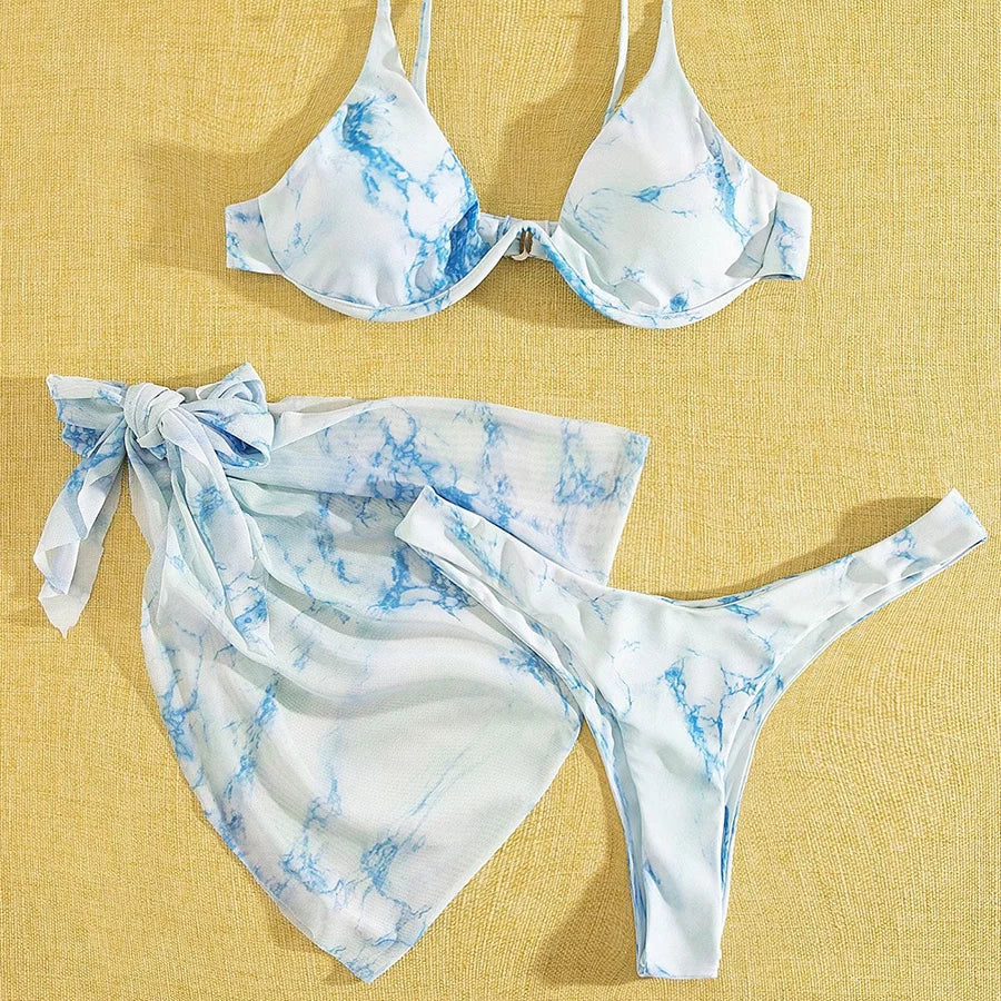 Maillot de bain trois pièces Push Up imprimé marbre, col en v, à armatures, pour femmes
