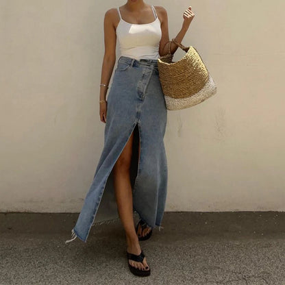 Jupe longue femme en jean vintage à boutons