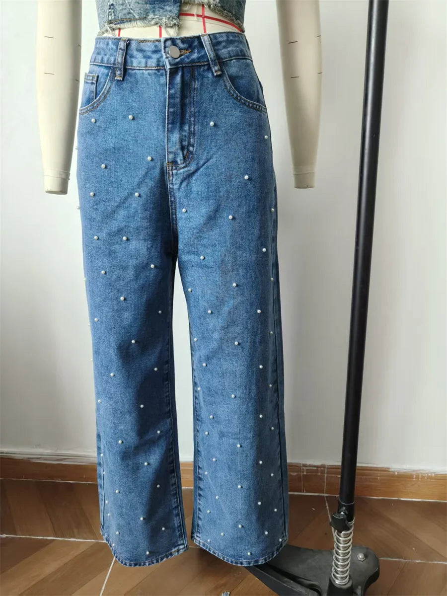 Pantalon droit en jean à perles pour femmes