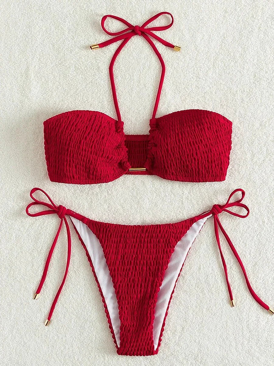 Maillot de bain deux pièces plissé et smocks, pour femmes