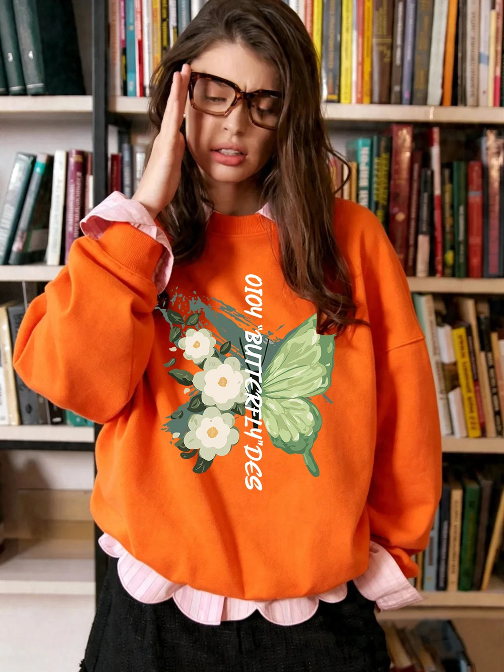 Sweat-shirts imprimés de fleurs de papillons verts pour femmes