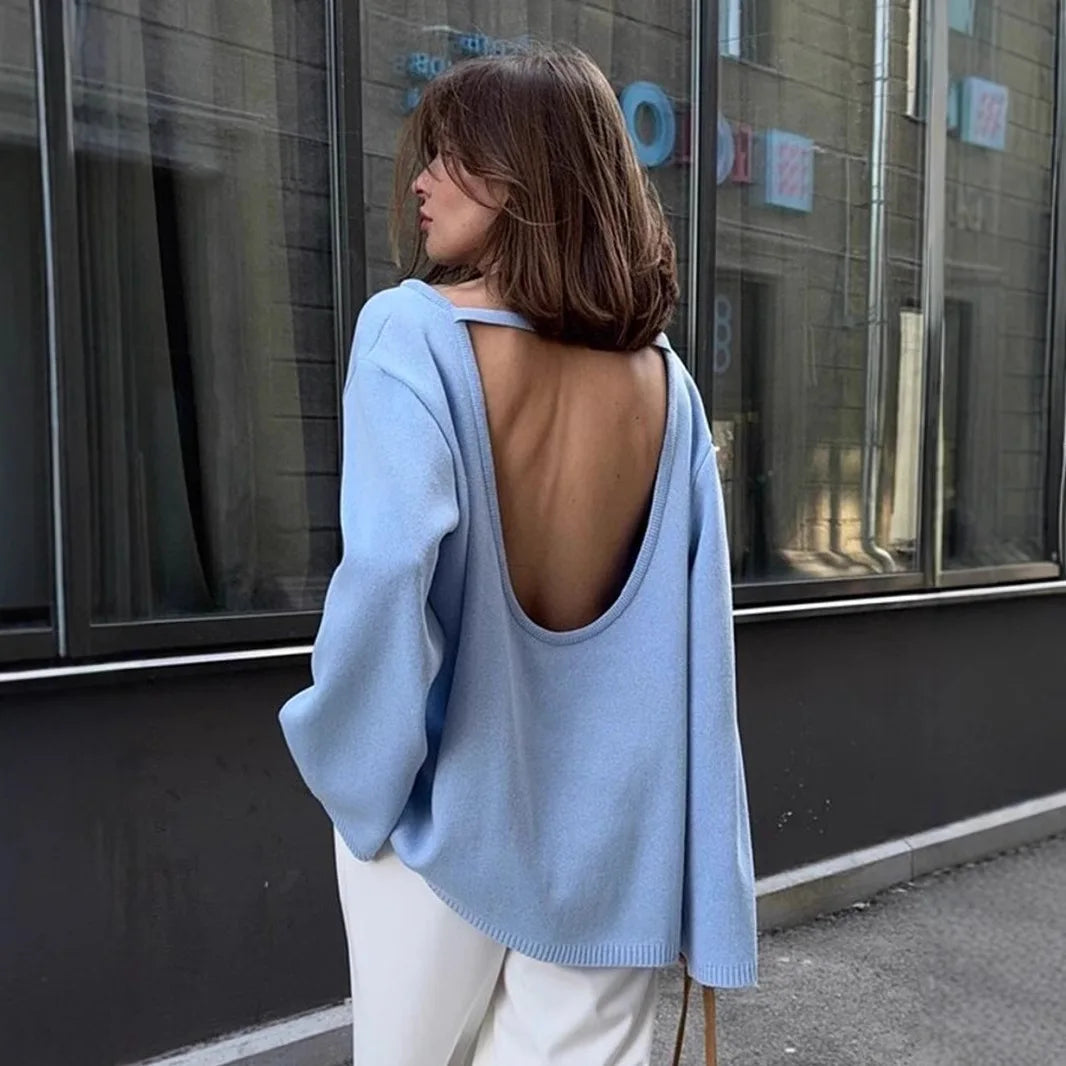 Pull original dos nu à col rond en maille de coton pour femmes
