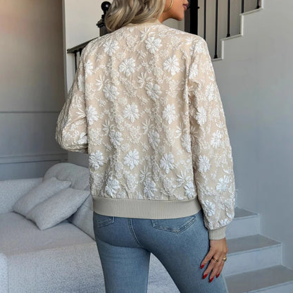 Veste Courte Jacquard Femme – Motifs Floraux et Zip