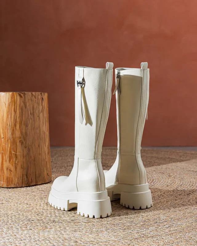 Bottes hautes en cuir véritable à plate-forme pour femmes