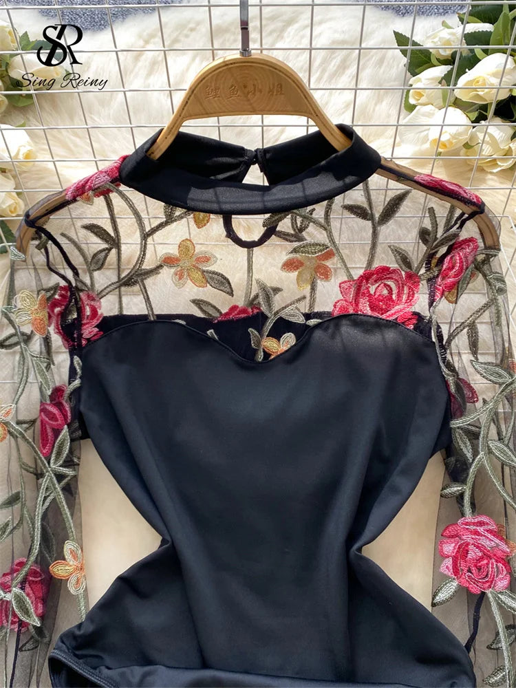 Bodys vintage broderie gaze col montant à manches longues pour femmes