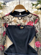 Bodys vintage broderie gaze col montant à manches longues pour femmes