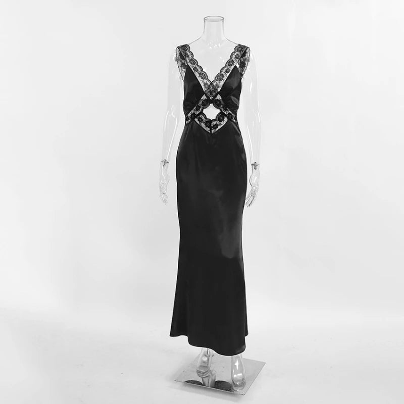 Robe longue sexy en dentelle ajourée pour femmes