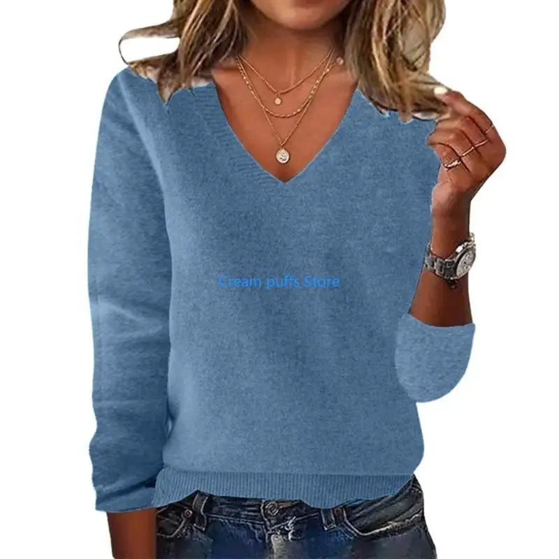 Pull en tricot côtelé doux à col en V pour femmes