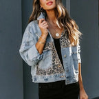 Veste en jean patchwork imprimé léopard pour femmes