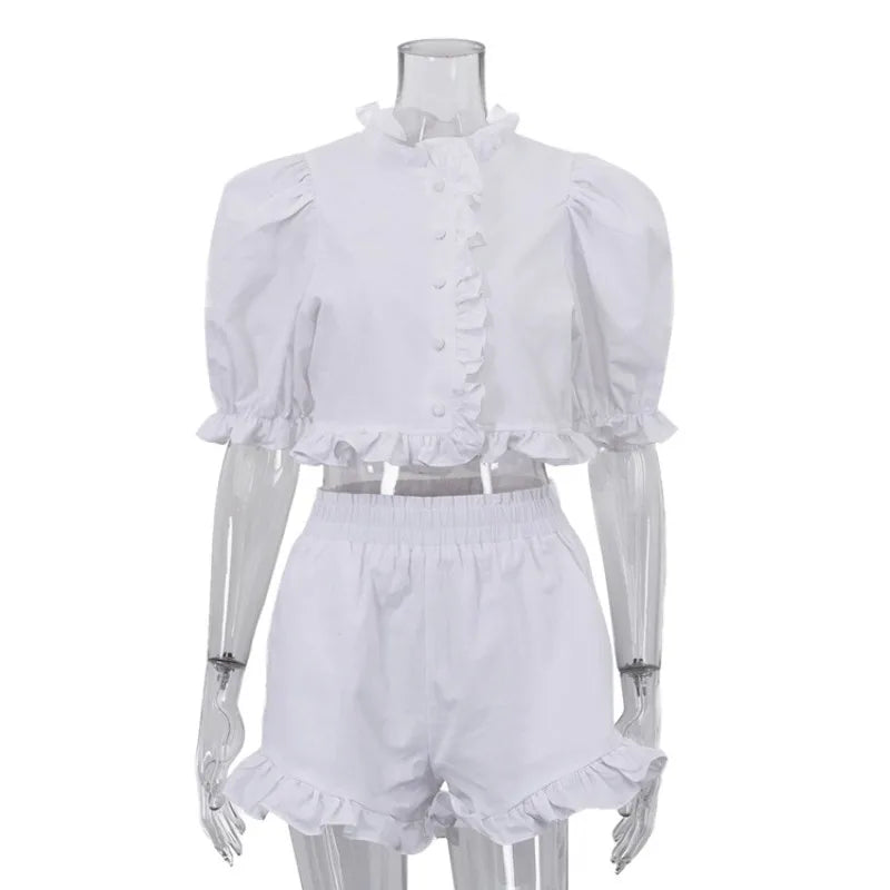 Ensemble deux pièces crop top à volants et short taille haute pour femme