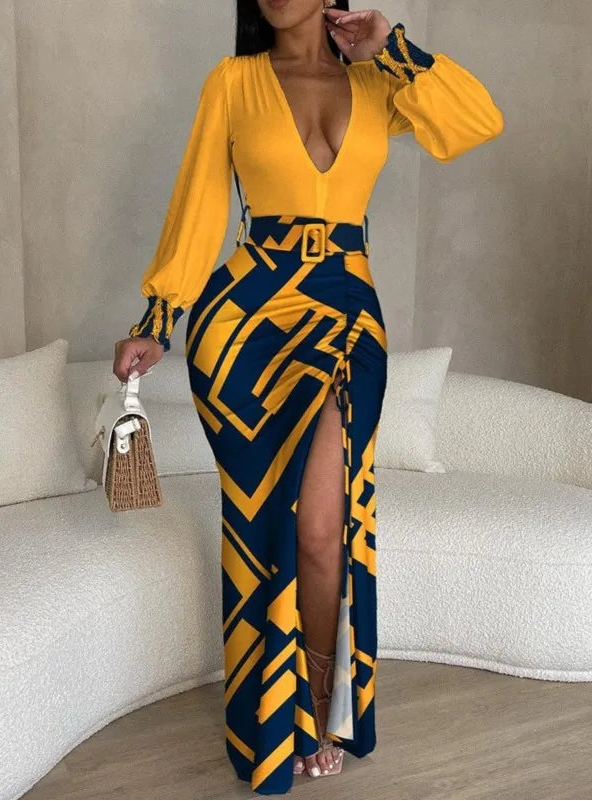 Robe longue imprimée à col en v pour femmes