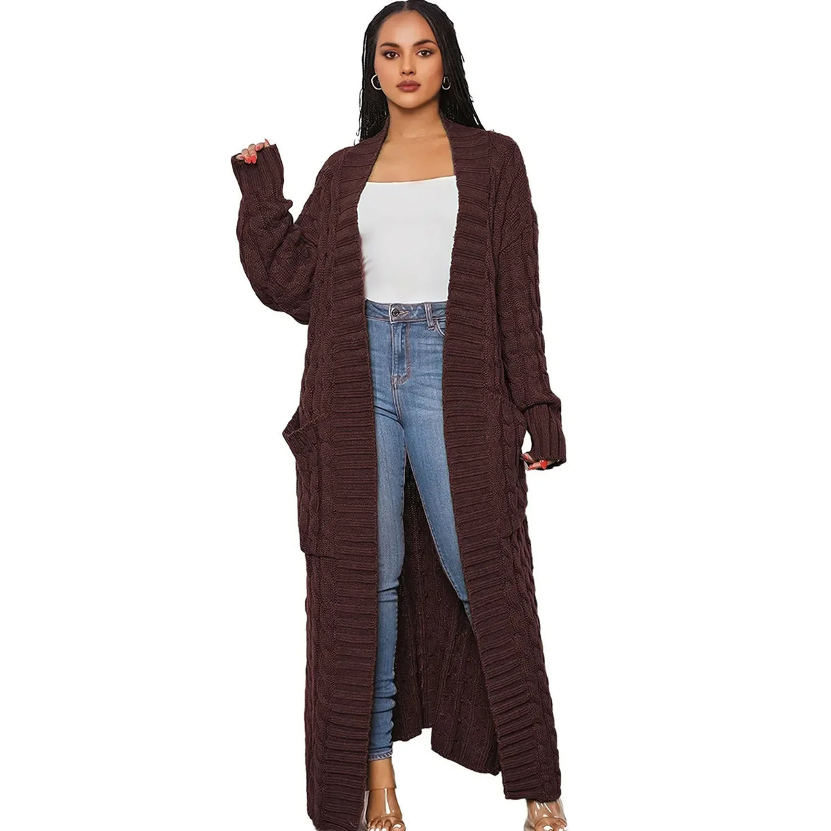 Cardigan Long en Maille Torsadée Femme
