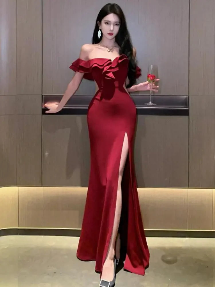 Robe de soirée sexy dos nu à volants fendus pour femmes