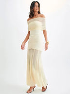 Robe longue épaules dénudées, dos nu, mode maille, sans bretelles, sans manches, moulant pour femmes
