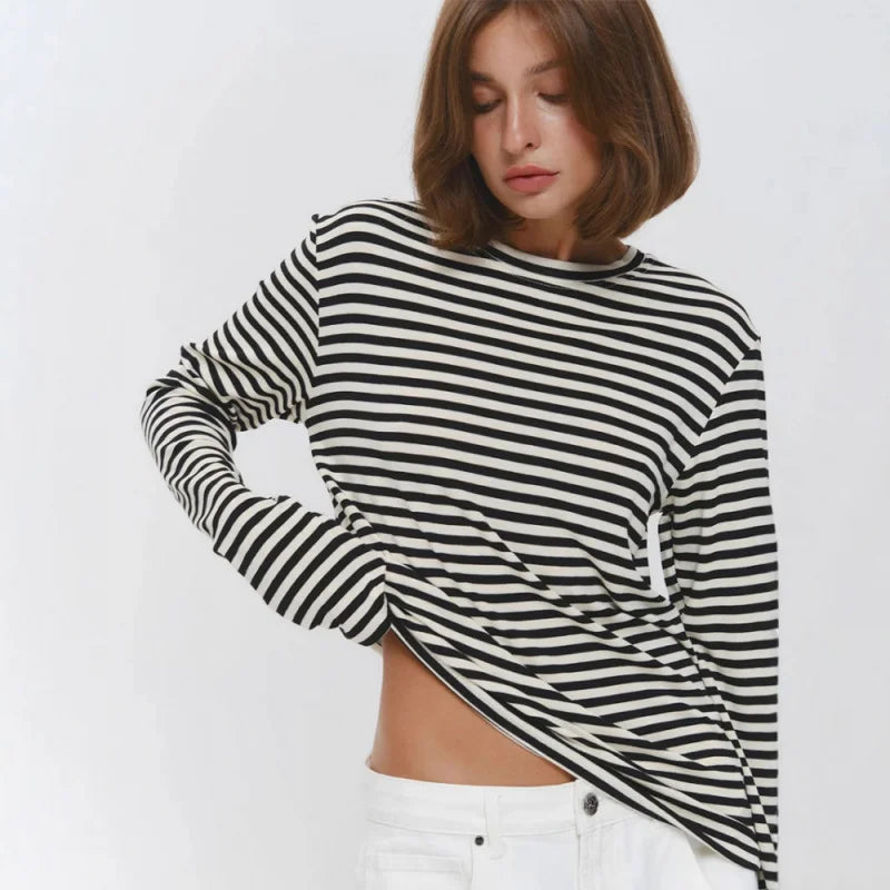 Pullover en coton rayé à manches longues pour femmes