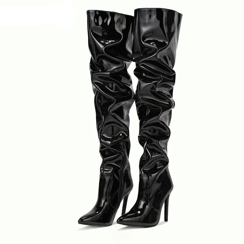 Bottes cuissardes  en cuir verni plissé de haute qualité pour femmes