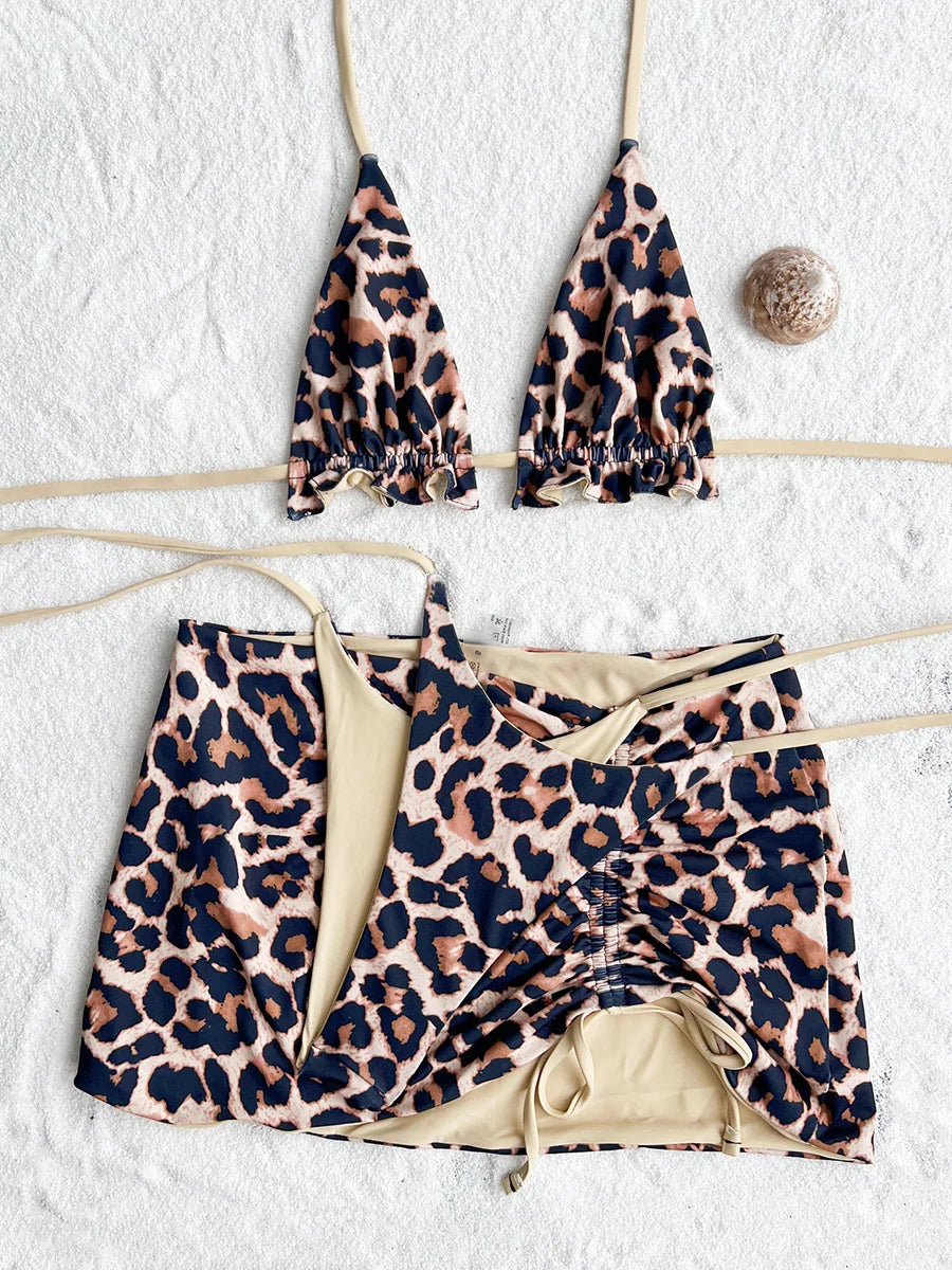 Maillot de bain 3 pièces réversible à volants pour femmes
